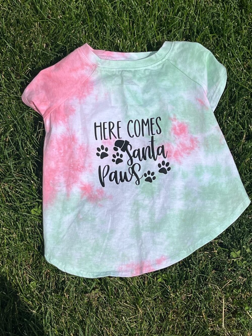 Pet 'Here Comes Santa Paws' Red & Green Random Tie-Dye T-Shirt
